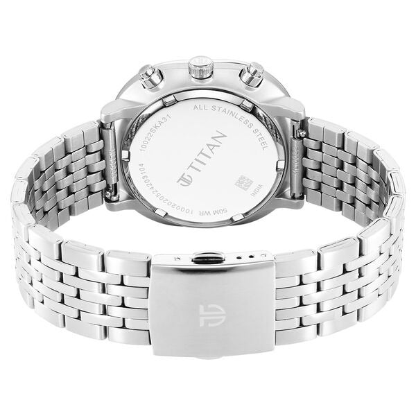 Titan Timeless Treasures Quartz Analog Dual Time Black Dial With Silver Color Stainless Steel Strap Watch For Men