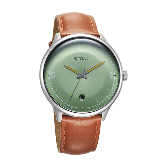 Titan Timeless Treasures Quartz Alog with Date Green Dial With Brown Color Leather Strap Watch For Men (10023SL01)