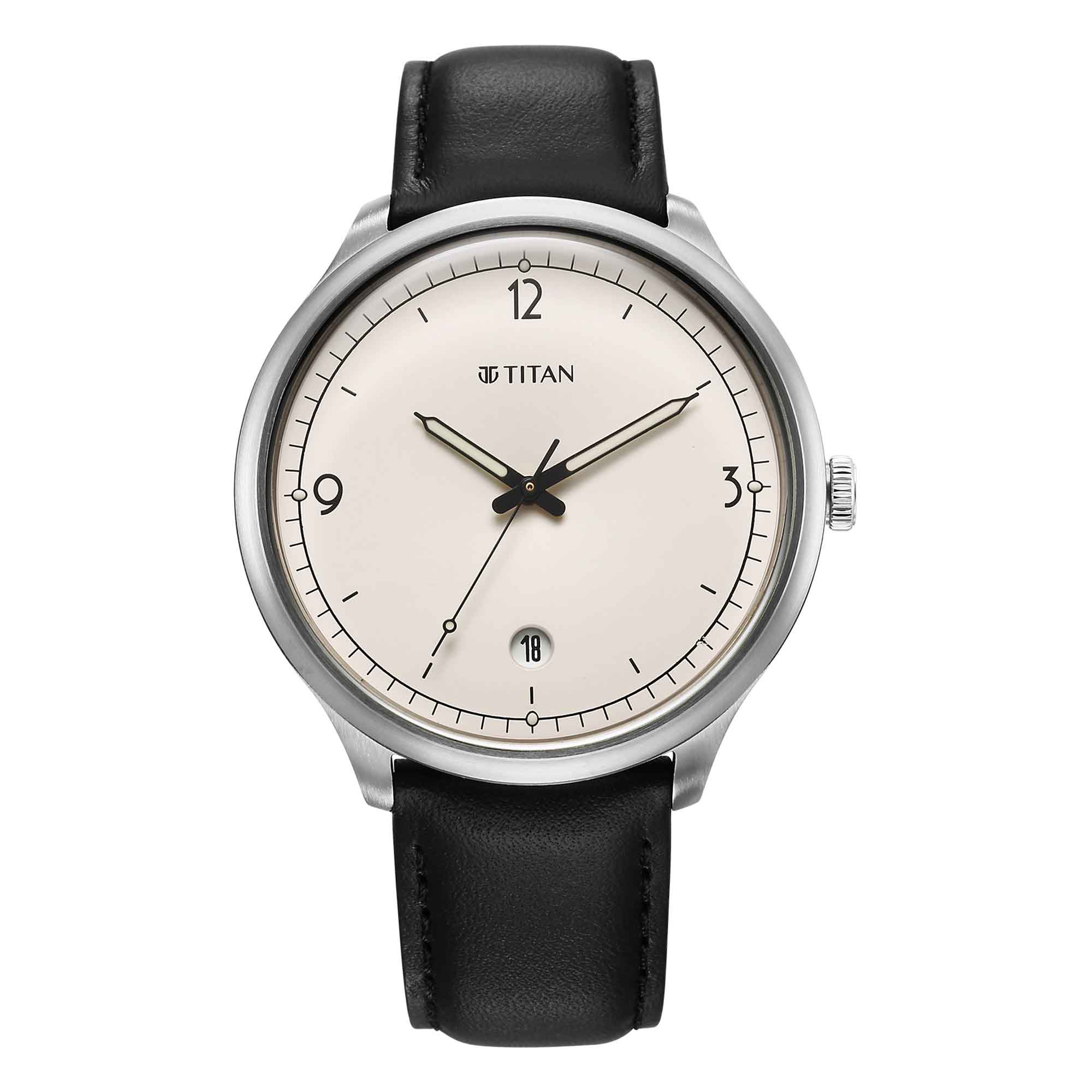 Titan Timeless Treasures Quartz Alog with Date White Dial With Black Color Leather Strap Watch For Men (10023SL05)