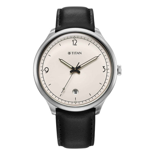 Titan Timeless Treasures Quartz Alog with Date White Dial With Black Color Leather Strap Watch For Men (10023SL05)