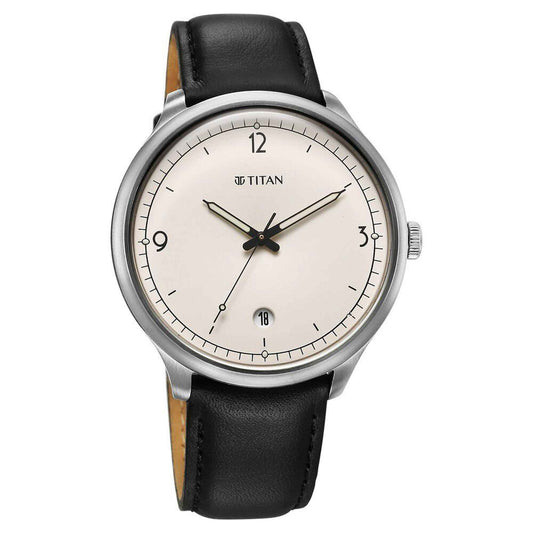 Titan Timeless Treasures Quartz Alog with Date White Dial With Black Color Leather Strap Watch For Men (10023SL05)