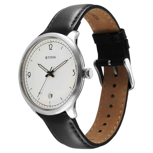 Titan Timeless Treasures Quartz Alog with Date White Dial With Black Color Leather Strap Watch For Men (10023SL05)