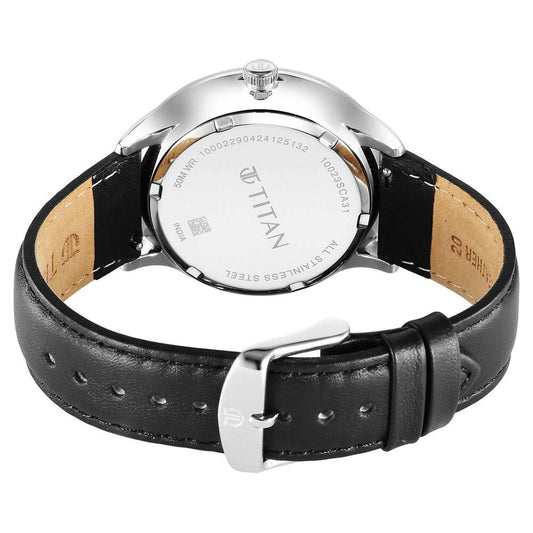 Titan Timeless Treasures Quartz Alog with Date White Dial With Black Color Leather Strap Watch For Men (10023SL05)