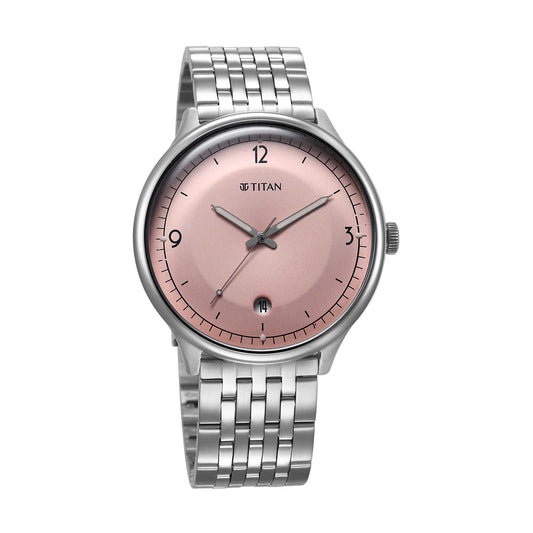Titan Timeless Treasures Quartz Alog with Date Pink Dial With Silver Color Stainless Steel Strap Watch For Men (10023SM01)
