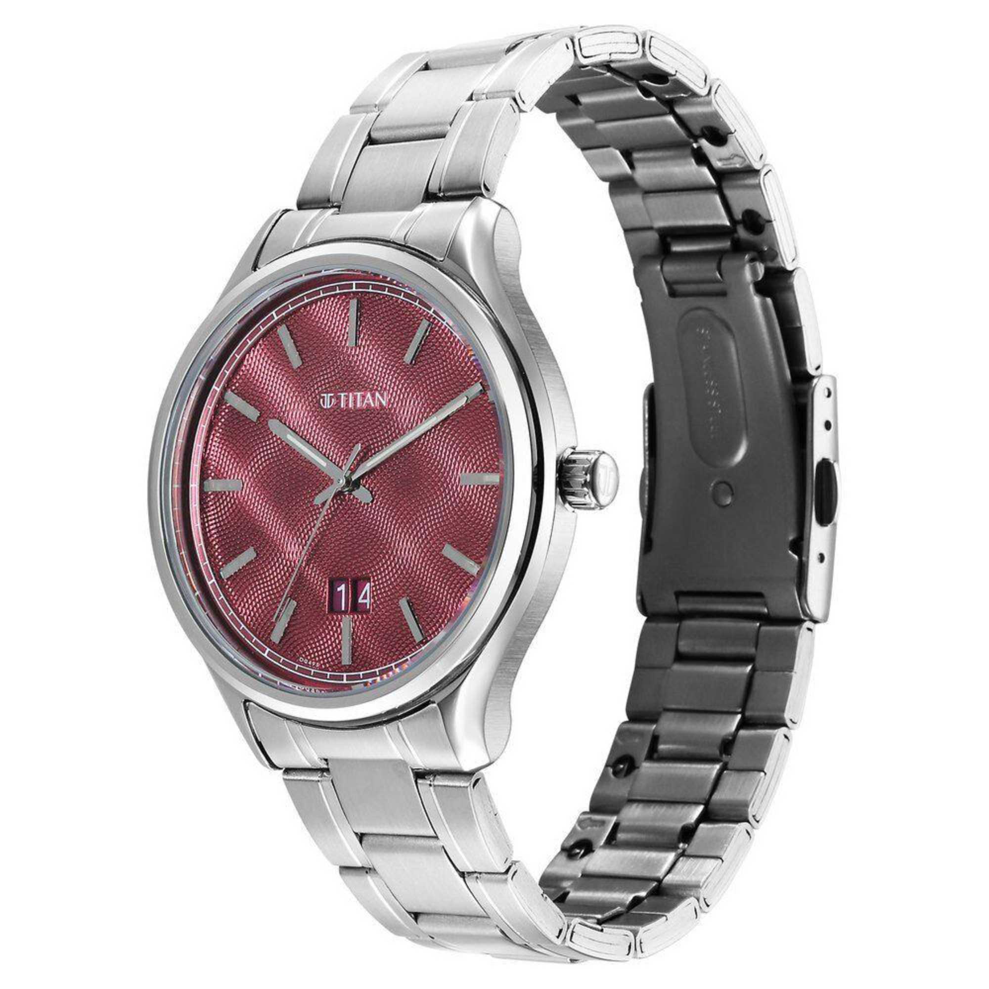 Titan Palette Of Time Quartz Analog with Date Maroon Dial Stainless Steel Strap Watch For Men