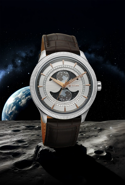 Titan Stellar Analog with Dual Moon Phase Silver Dial Watch