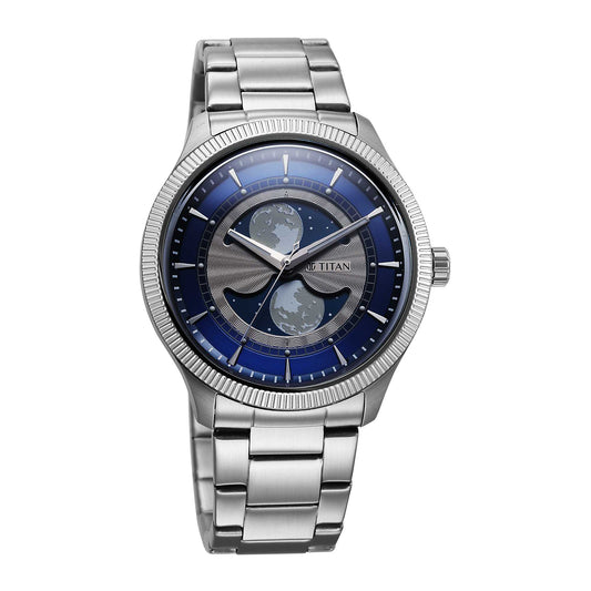 Titan Stellar Analog with Dual Moon Phase and Blue Dial Silver Stainless Steel Strap Watch for Men 10050SM01