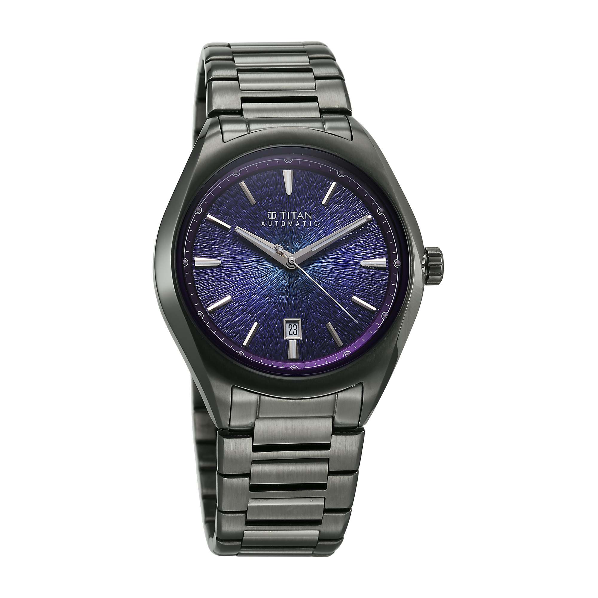 Titan Stellar Starlight Analog with Concealed Automatic and Violet Dial Dark Gun Stainless Steel Strap Watch for Men 10051QM01