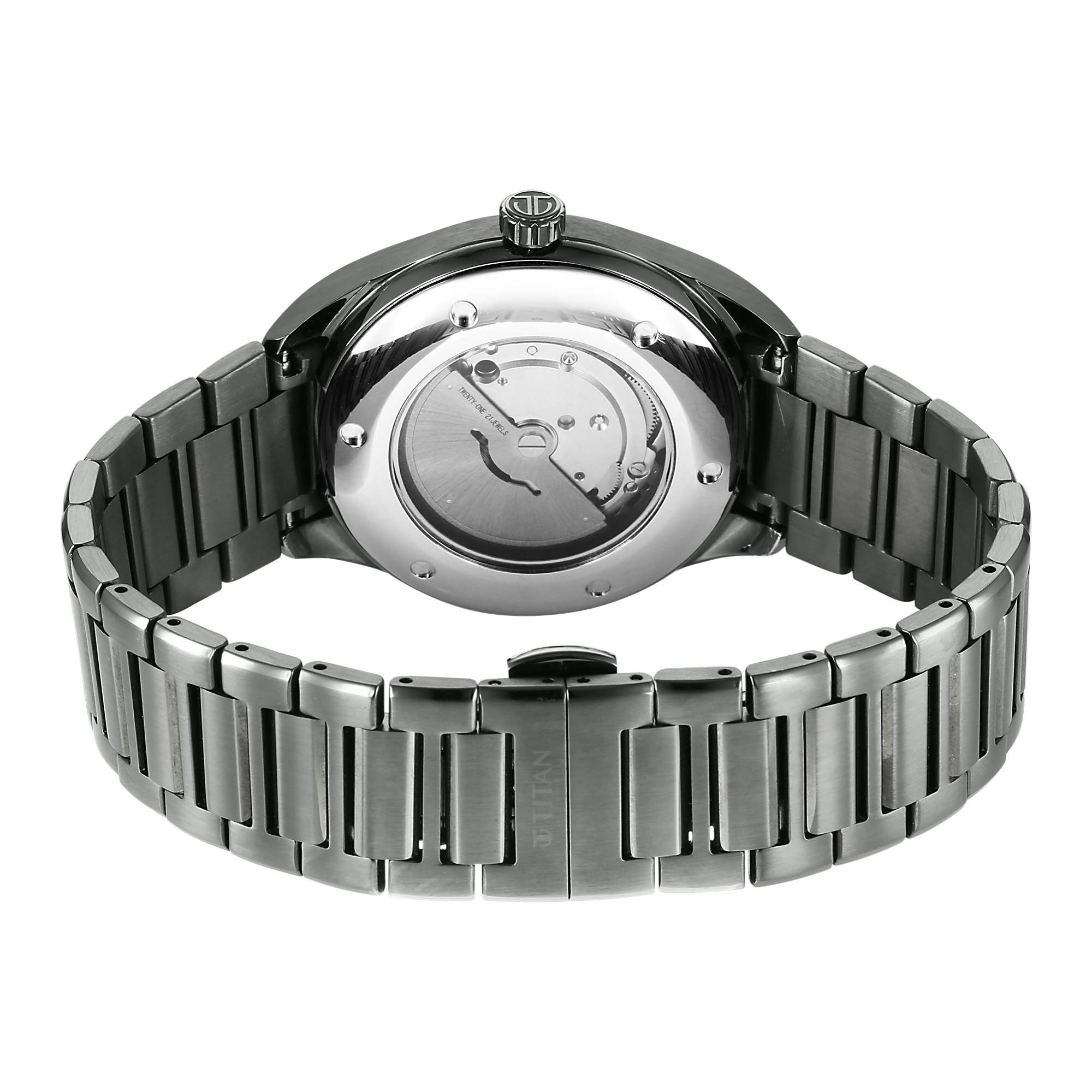 Titan Stellar Starlight Analog with Concealed Automatic and Violet Dial Dark Gun Stainless Steel Strap Watch for Men 10051QM01