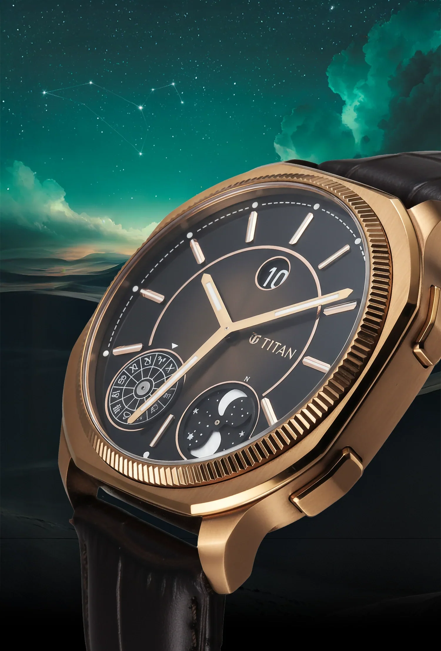 ساعة تيتان ستيلار ذات الساعات القافزة بمحركات دقيقة ومؤشرين لمراحل القمر