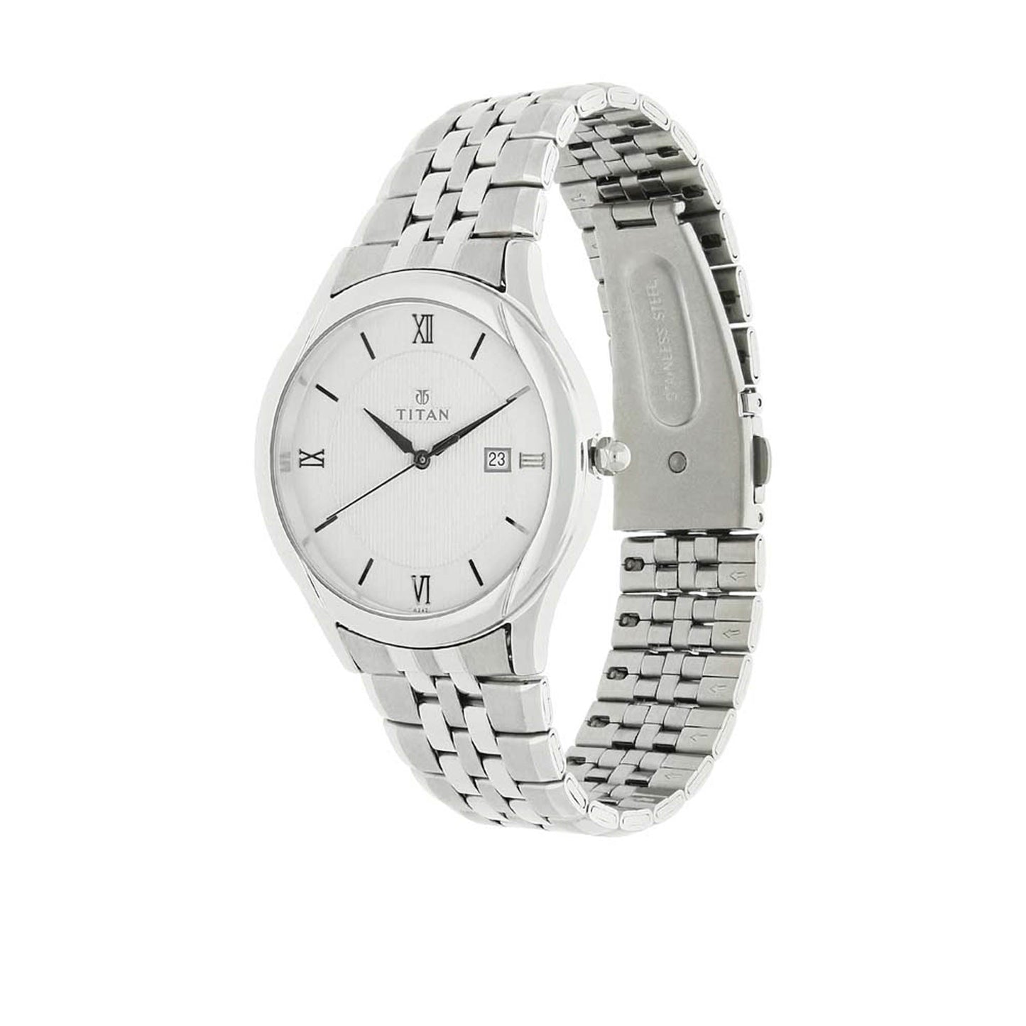 Titan Quartz Analog with Date Silver Dial Stainless Steel Strap Watch for Men