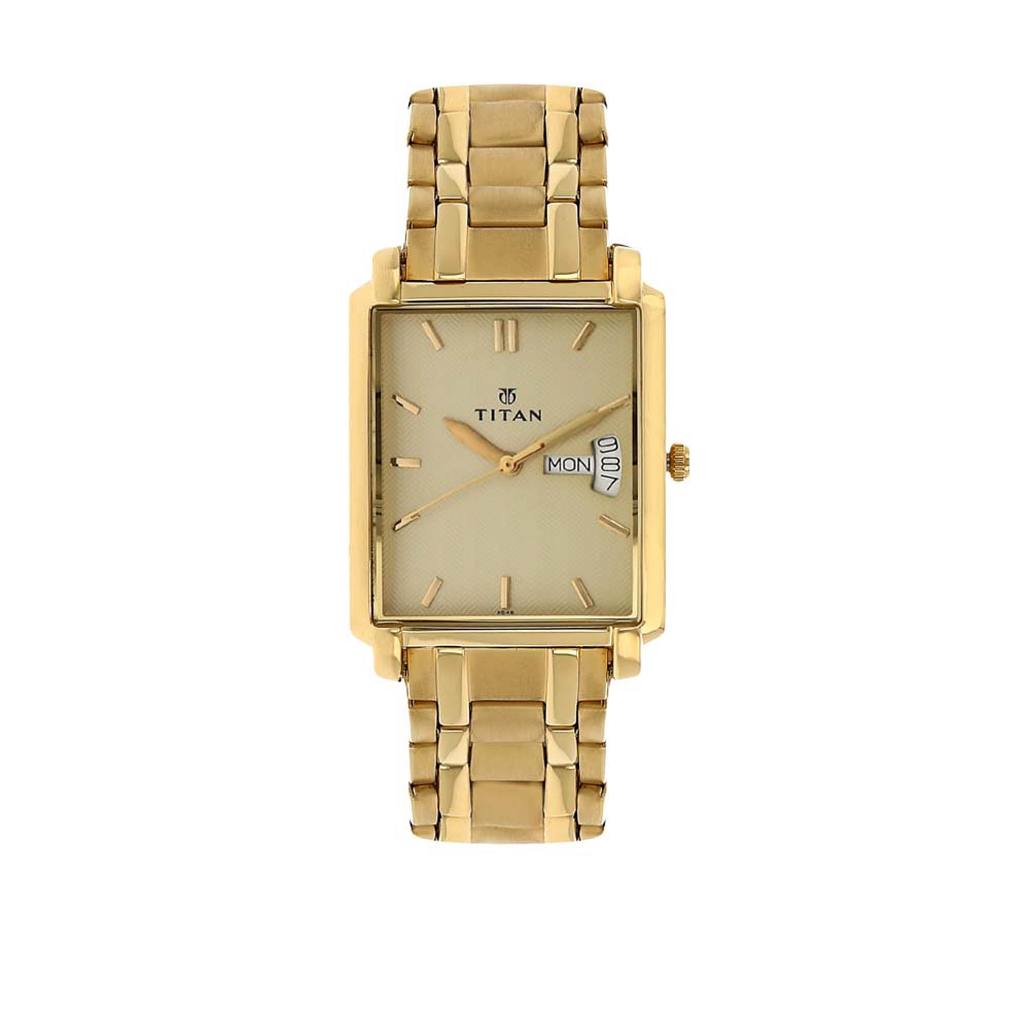 Titan Quartz Analog with Day and Date Champagne Dial Stainless Steel Strap watch for Men