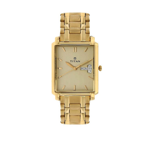 Titan Quartz Analog with Day and Date Champagne Dial Stainless Steel Strap watch for Men