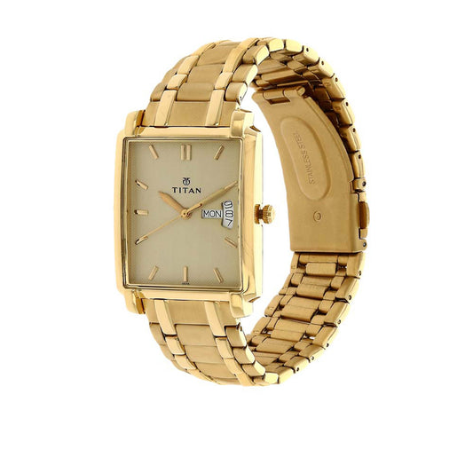 Titan Quartz Analog with Day and Date Champagne Dial Stainless Steel Strap watch for Men