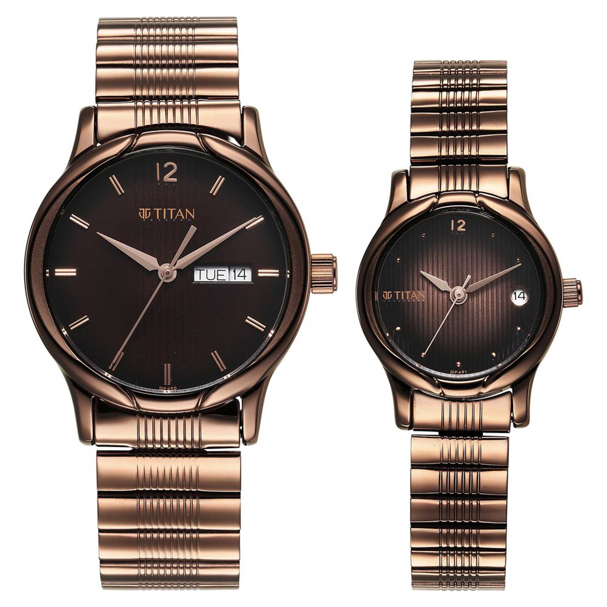 Titan Bandhan Brown Dial Stainless Steel Strap Analog with Day-Date Watch for Couple