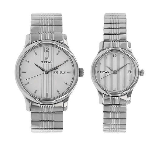 Titan Silver Dial Metal Strap Analog with Day and Date Watch for Couple