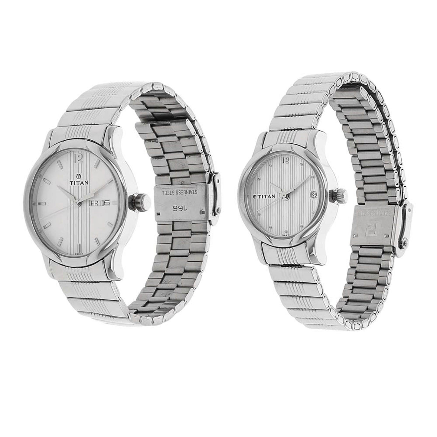Titan Silver Dial Metal Strap Analog with Day and Date Watch for Couple