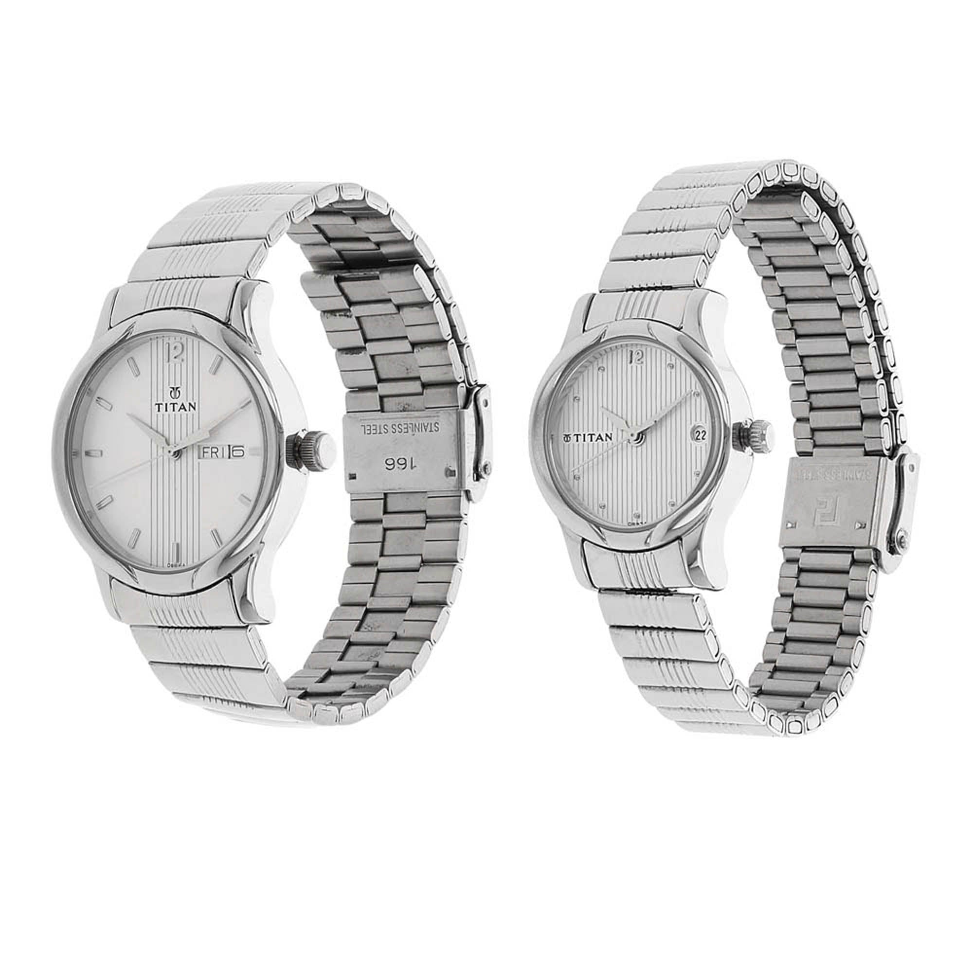 Titan Silver Dial Metal Strap Analog with Day and Date Watch for Couple