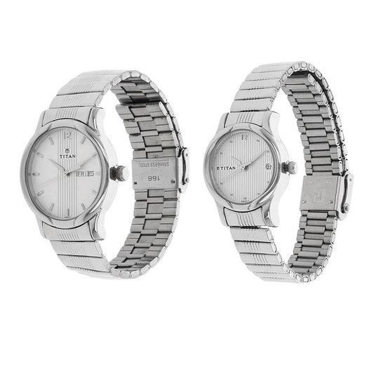 Titan Silver Dial Metal Strap Analog with Day and Date Watch for Couple