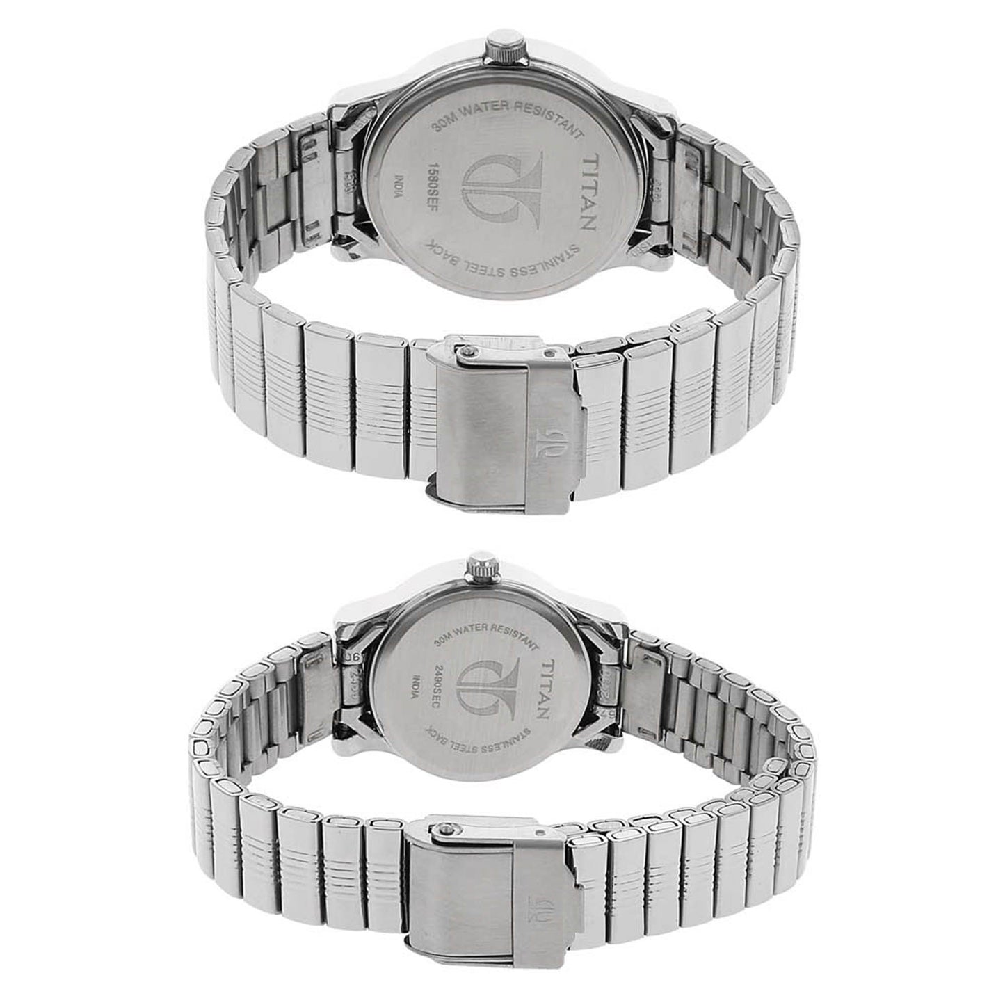 Titan Silver Dial Metal Strap Analog with Day and Date Watch for Couple