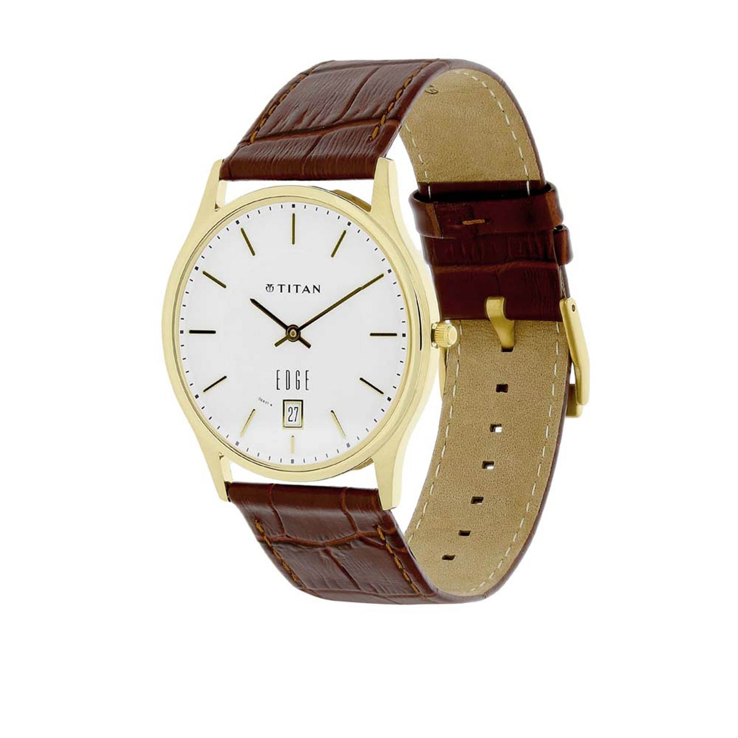 Titan Edge White Dial Analog with Date Leather Strap Watch for Men