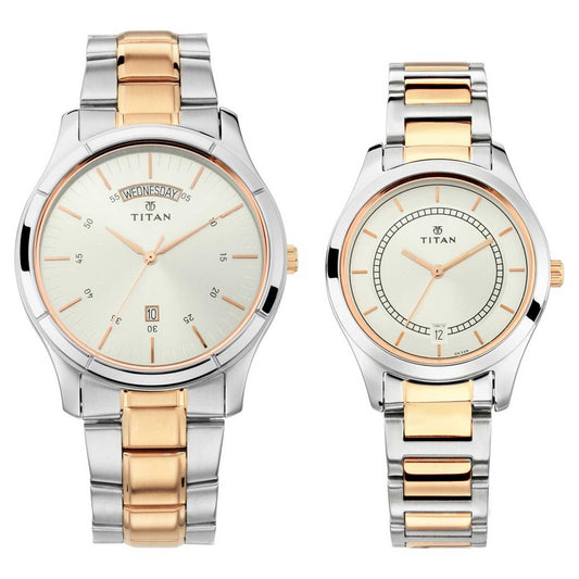 Titan Bandhan Silver Dial Two Toned Stainless Steel Strap Analog with Date Watch for Couple