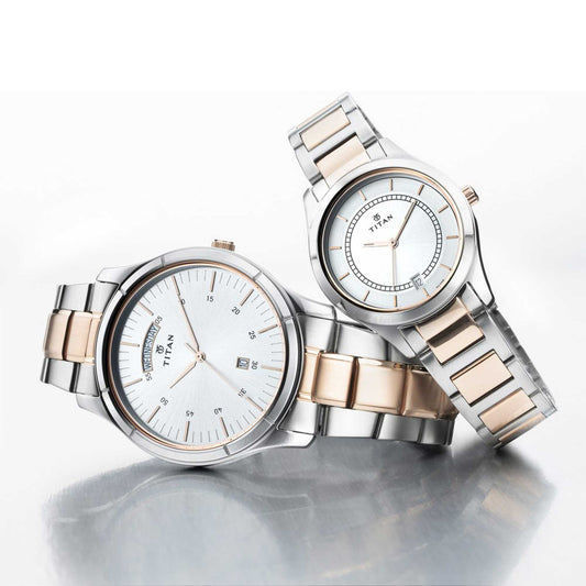 Titan Bandhan Silver Dial Two Toned Stainless Steel Strap Analog with Date Watch for Couple