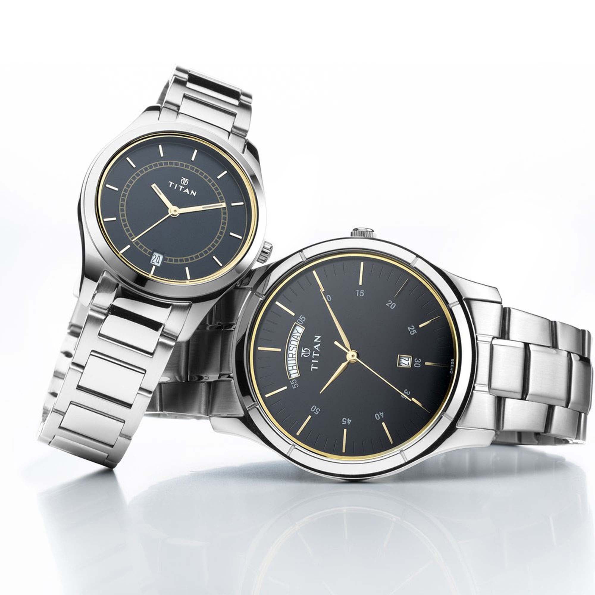 Titan Bandhan Blue Dial Analog with Day and Date Stainless Steel Strap watch for Couple