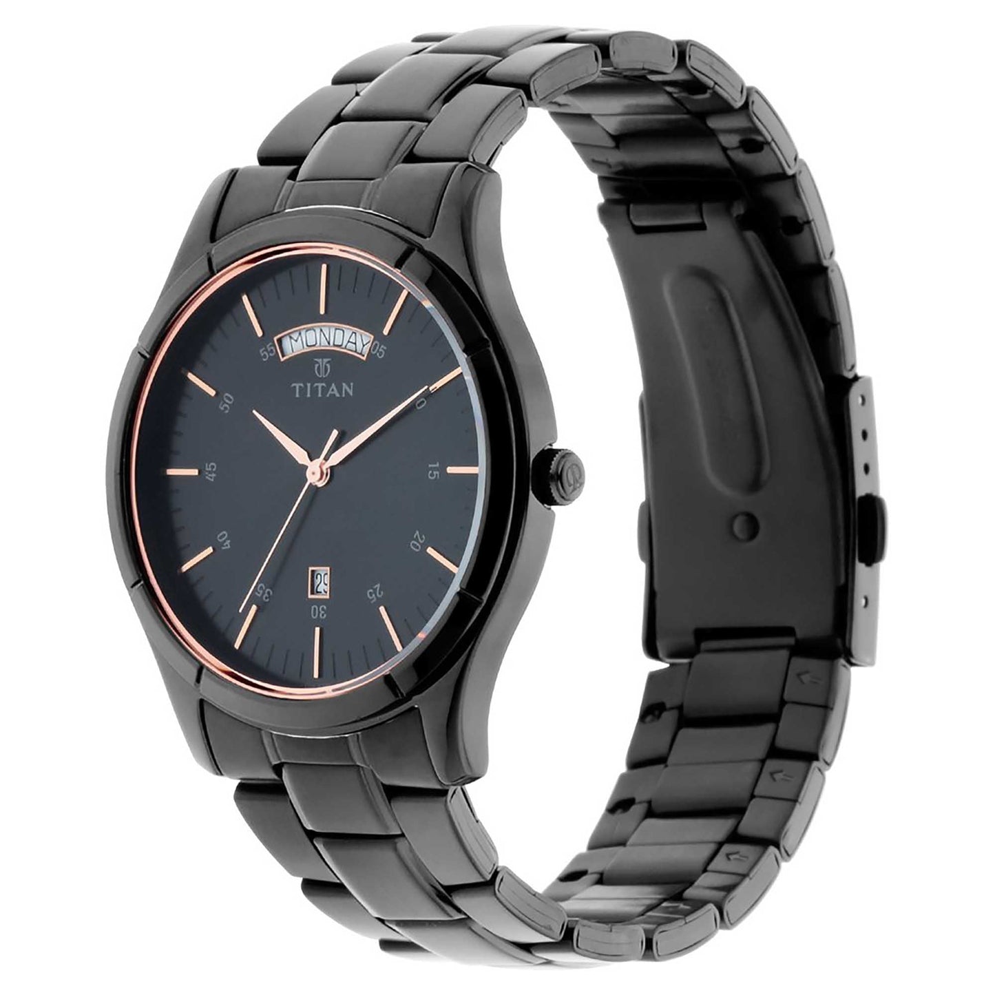 Titan Quartz Analog with Day and Date Black Dial Stainless Steel Strap Watch for Men