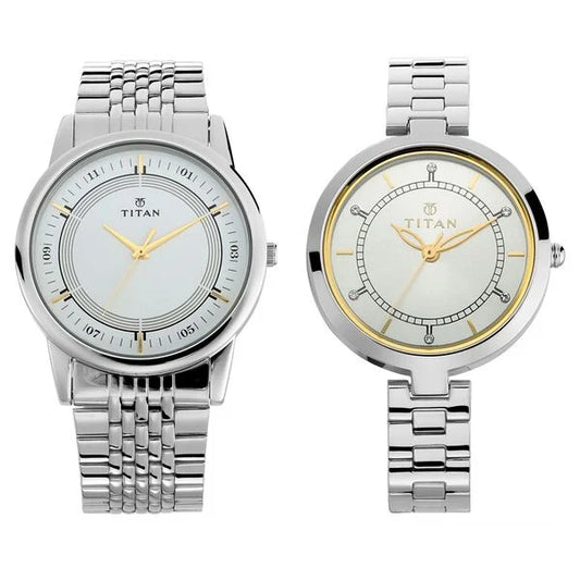 Titan Bandhan Silver Dial Stainless Steel Strap Analog Watch For Couple