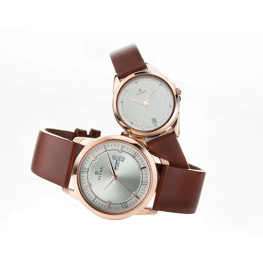 Bandhan Silver White Dial Leather Pair Watches (17742565WL01)