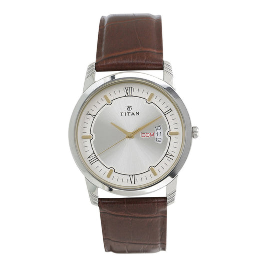 Titan Quartz Analog with Day and Date Silver Dial Leather Strap Watch for Men