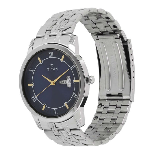 Titan Analog with Day and Date Blue Dial Stainless Steel Strap watch for Men