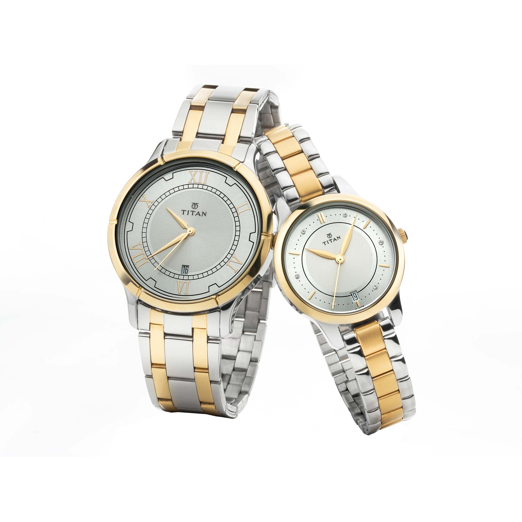 Titan Bandhan Silver Dial Two Toned Stainless Steel Strap Analog with Date Watch for Couple