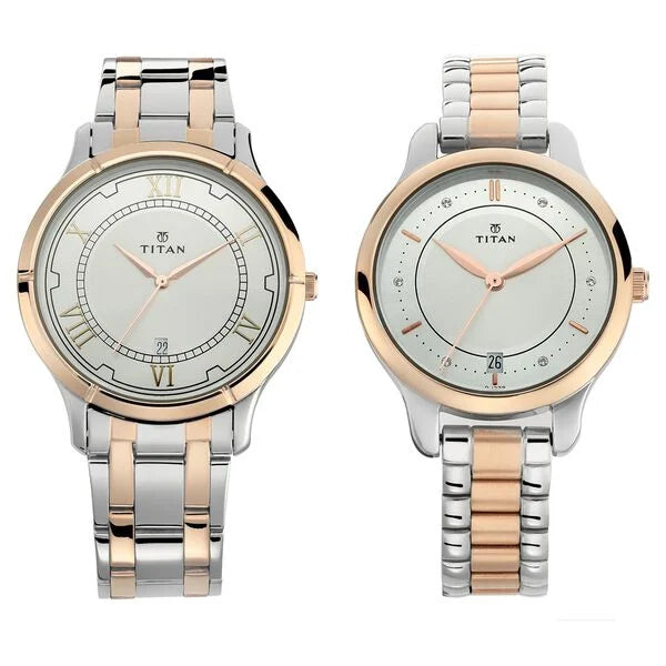 Titan Bandhan Silver Dial Two Toned Stainless Steel Strap Analog with Date Watch For Couple
