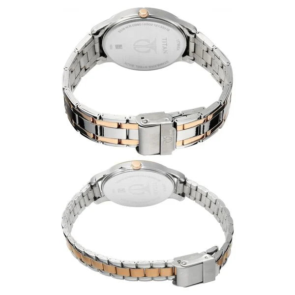 Titan Bandhan Silver Dial Two Toned Stainless Steel Strap Analog with Date Watch For Couple