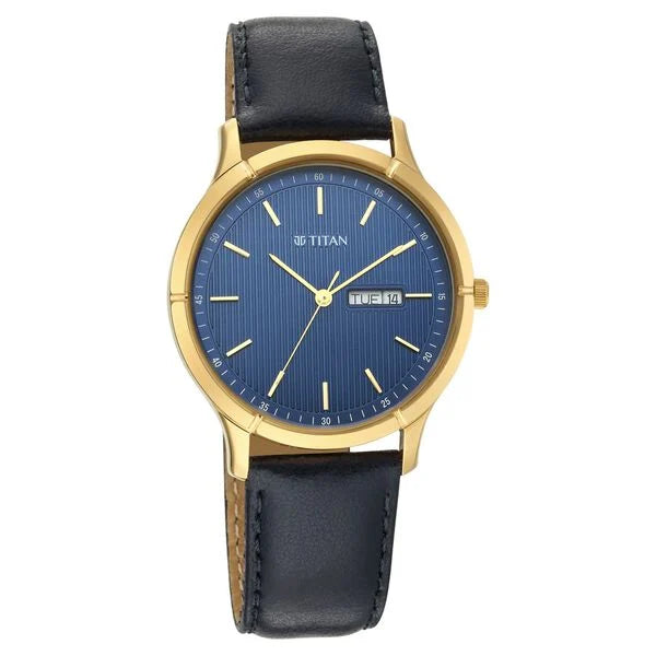 Titan Blue Dial Leather Strap Analog with Day Date Watch for Men