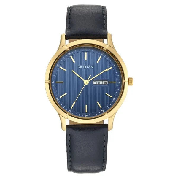 Titan Blue Dial Leather Strap Analog with Day Date Watch for Men