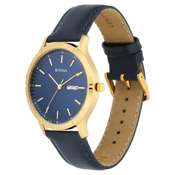 Titan Blue Dial Leather Strap Analog with Day Date Watch for Men
