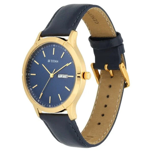 Titan Blue Dial Leather Strap Analog with Day Date Watch for Men