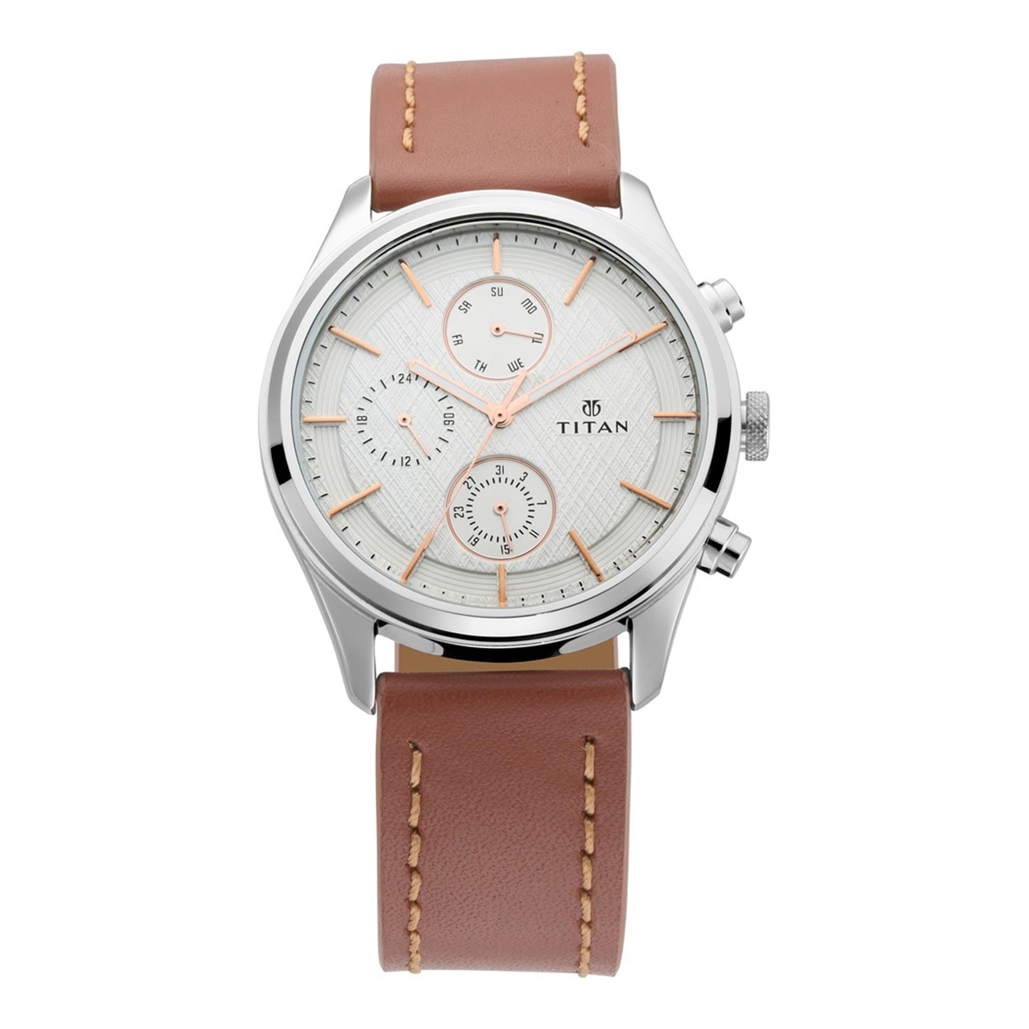 Titan Quartz Multifunction Silver Dial Leather Strap Watch for Men