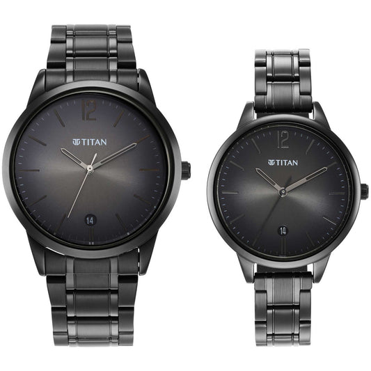 Titan Bandhan Anthracite Dial Black Stainless Steel Strap Analog Watch for Couple