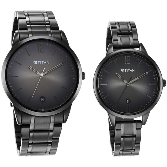 Titan Bandhan Anthracite Dial Black Stainless Steel Strap Analog Watch for Couple