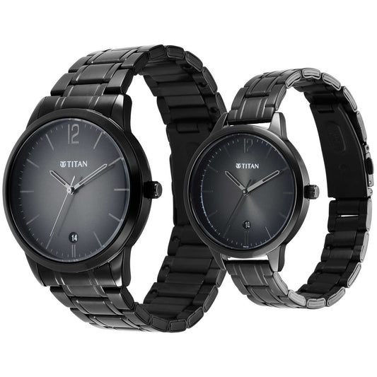 Titan Bandhan Anthracite Dial Black Stainless Steel Strap Analog Watch for Couple