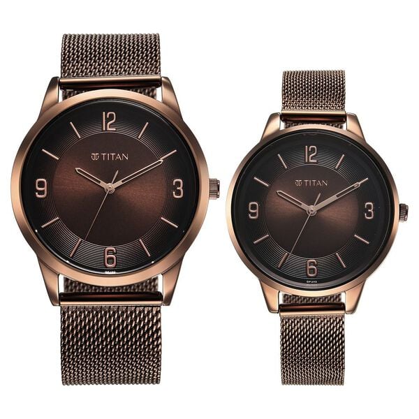 Titan Bandhan Quartz Analog Brown Dial Stainless Steel Strap Watch for Couple 
