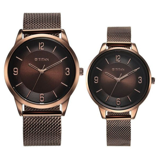Titan Bandhan Quartz Analog Brown Dial Stainless Steel Strap Watch for Couple 