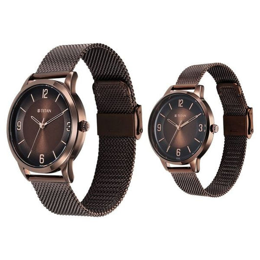 Titan Bandhan Quartz Analog Brown Dial Stainless Steel Strap Watch for Couple 