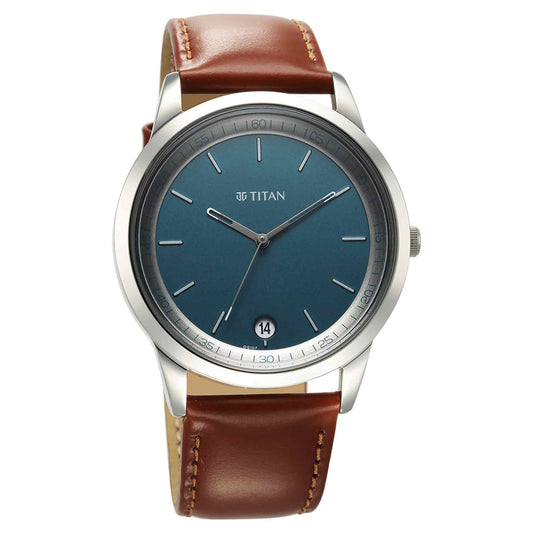 Titan Wrist Wit Quartz Analog with Date Blue Dial Leather Strap Watch for Men