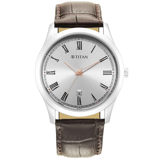 Titan Exclusive Silver Dial Brown Leather Strap Analog Watch for Men