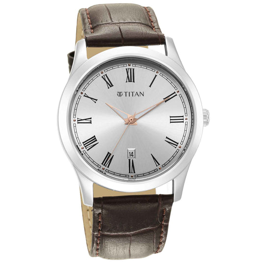 Titan Exclusive Silver Dial Brown Leather Strap Analog Watch for Men